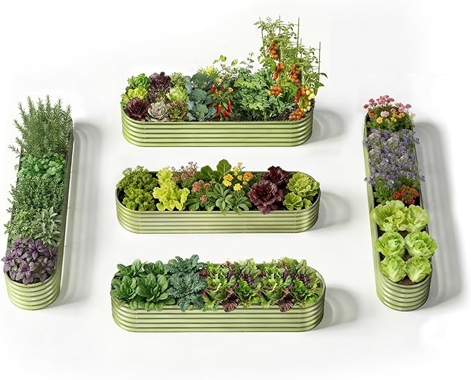 5-Pack 18” Tall Galvanized Raised Garden Beds – Everyday Kitchen Garden Layout, Fits 200 Sq Ft Patio or Backyard, 10x2x1.5 ft & 8x2x1.5 ft Metal Flower Bed for Herbs Vegetable - Moss Green