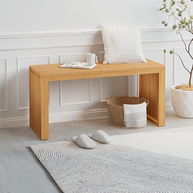 Bamboo Dining Bench, 35 inch Farmhouse Decor Indoor Kitchen Table Bench, Entryway Shoe Rack Bench Solid Bamboo Benches for Living Room, Hallway, Bedroom, Bathroom (Nature, Long-Outdoor)