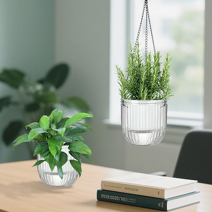 Self-Watering Hanging Planter for Indoor Plants - Easy Care, Long Lasting - Perfect for Herbs, Succulents, and More (White Transparent)