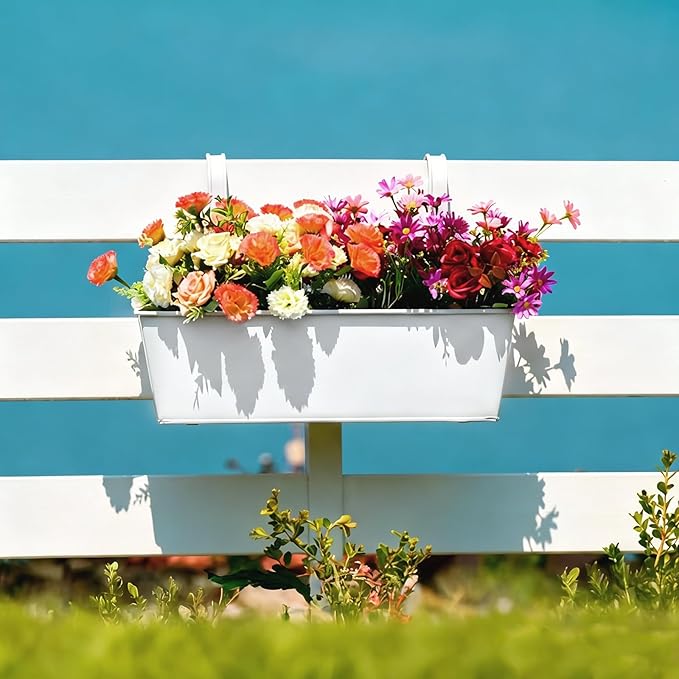 3 Pack Metal Railing Planters, 16 Inch Large Rectangular Hanging Flower Pots with Detachable Hooks & Drainage Holes, Fits Rails up to 2.5", Galvanized Iron Window Box for Balcony Garden - White