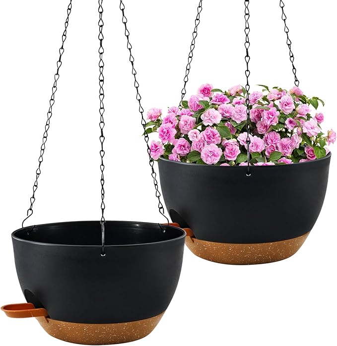 12 inch Hanging Planters for Indoor Plants, 2 Pack Self-Watering Hanging Planter Pots with Chain and Drainage Holes, Outdoor Plastic Hanging Baskets for Garden Home Decor