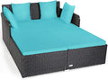COSTWAY Outdoor Patio Rattan Daybed, Sponge Cushioned Loveseat Sofa with 4 Pillows, Wicker Furniture Sunbed for Balcony, Courtyard (Turquoise)