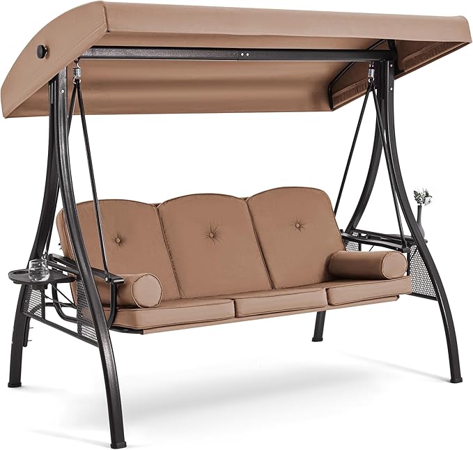 HOMREST 3 Seat Outdoor Porch Swing with 1.5" Deepened Cup Holder, Adjustable Canopy, Patio Swing Bed with Stand, Patio Glider Swing with Thicken Cushions, Pillow for Yard, Garden(Brown)