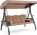HOMREST 3 Seat Outdoor Porch Swing with 1.5" Deepened Cup Holder, Adjustable Canopy, Patio Swing Bed with Stand, Patio Glider Swing with Thicken Cushions, Pillow for Yard, Garden(Brown)