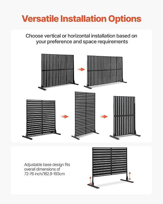 VEVOR Metal Privacy Screen, 44" W x 72" H Freestanding Modern Privacy Fence, Garden Divider Panel with Extended Base & Reinforcement Fixed, Freestanding Outdoor Divider for Garden, Indoor, Courtyard
