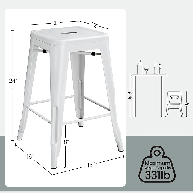 Yaheetech 24 Inch Metal Barstools Set of 4, Counter Height Backless Stools, Industrial Stackable Bar Chairs with Footrest for Kitchen/Dining Room/Bistro/Patio, White