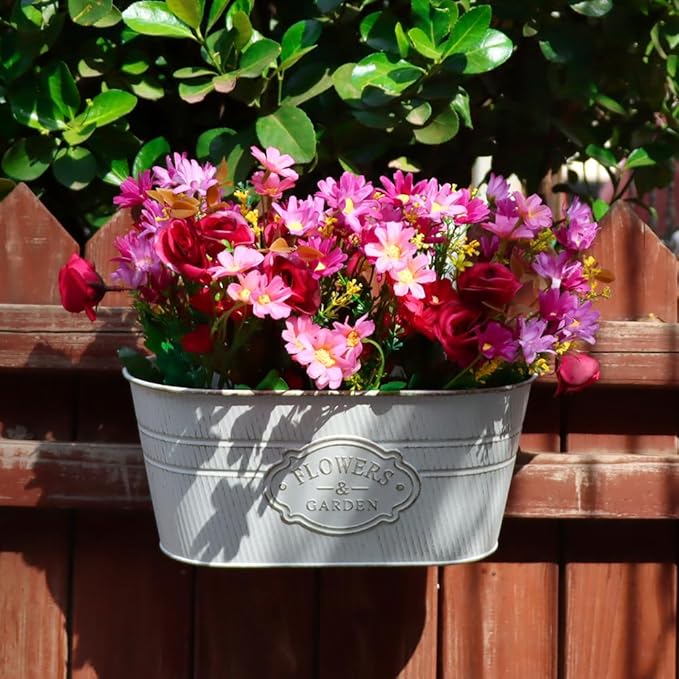 3 Pack Metal Railing Planters, 10.5" Oval Hanging Flower Pots with Detachable Hooks & Drainage Holes, Fits Rails up to 2.36", Galvanized Iron Fence Bucket for Balcony Garden Patio - Letter White