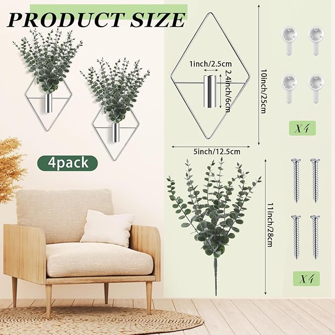 Jexine 8 Pcs Hanging Planters with Artificial Eucalyptus Metal Hanging Vase Indoor Plants Holder Modern Geometric Boho Bathroom Wall Decor for Living Room Home Office (Eucalyptus,Silver)