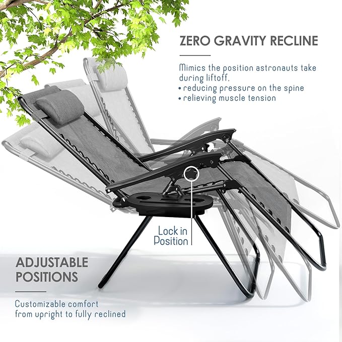 Nestl Zero Gravity Chairs Set of 6, Patio Lounge Chair Outdoor with Pillows & Cup Holder Trays, Adjustable Steel Mesh Reclining Camping Chair, Folding Patio Lawn Chair for Deck, Beach, Yard - Grey