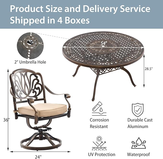 7-Piece Cast Aluminum Patio Furniture, Patio Dining Set for 6 Include 54" Round Outdoor Dining Table and 6 Swivel Chairs with Cushions & Umbrella Hole (Bronze)