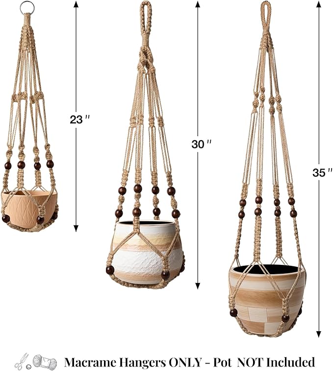 3 Pack Jute Macrame Plant Hanger Indoor 3 Different Sizes Hanging Planter Basket Flower Pot Holder with Wood Beads & No Tassels for Boho Home Decor, 23, 30, 35 Inch, Brown (Pot Not Included)