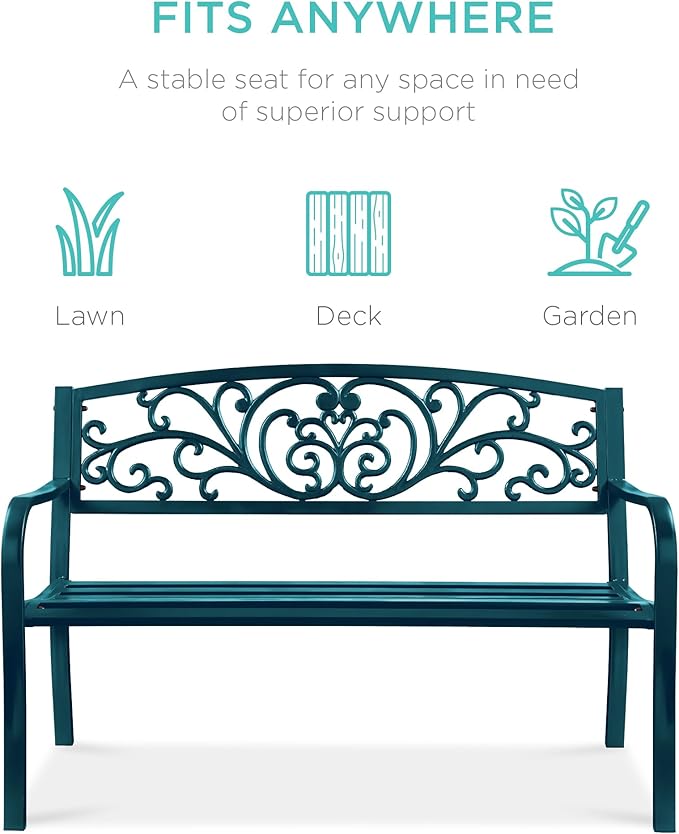 Best Choice Products Outdoor Bench Steel Garden Patio Porch Furniture for Lawn, Park, Deck w/Floral Design Backrest, Slatted Seat - Peacock Blue