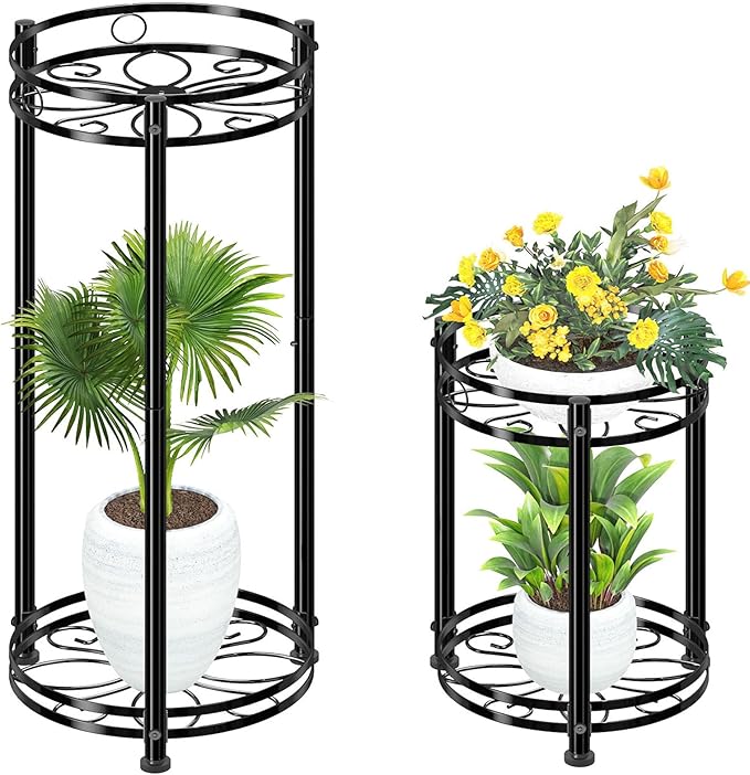 Simple Trending Round Plant Stand Indoor Outdoor, Waterproof Metal Tall 31” Plant Shelf Holder, Heavy Duty Flower Pot Display Rack, 2 Pack, Black