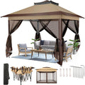 COBIZI 10x10 Pop Up Gazebos on Clearance 11x11 Canopy Tent Easy Up Outdoor Gazebo Waterproof Portable Gazebo with Mosquito Nettings, Double Vented Roof and Carry Bag for Patio Garden Lawn(Coffee)
