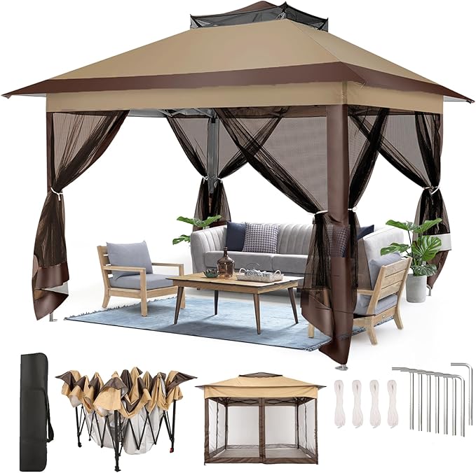 COBIZI 10x10 Pop Up Gazebos on Clearance 11x11 Canopy Tent Easy Up Outdoor Gazebo Waterproof Portable Gazebo with Mosquito Nettings, Double Vented Roof and Carry Bag for Patio Garden Lawn(Coffee)