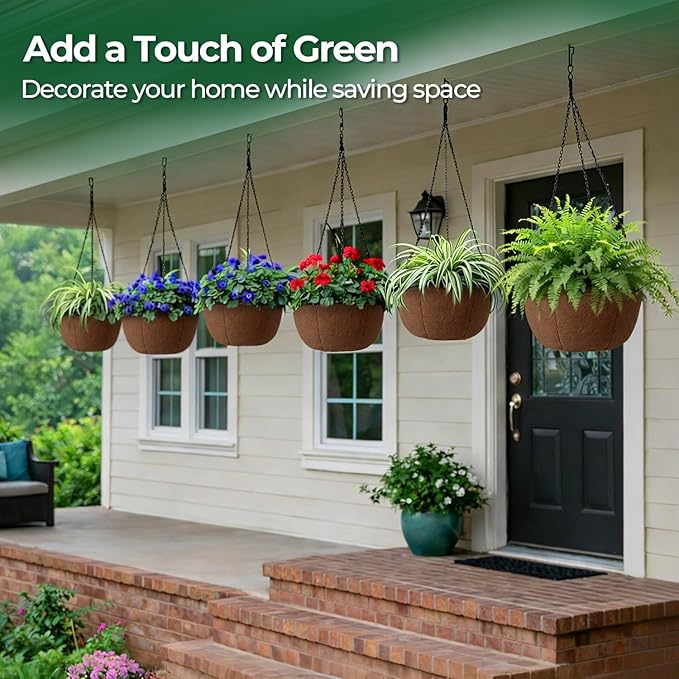 T4U Hanging Planters for Outdoor Plants, 10 Inch 6 Pack Fabric Hanging Baskets with Drainage Tray, Decorative Hanging Pots for Plants Outdoor Patio Porch Garden Use（Brown）