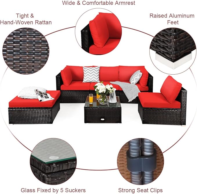 Tangkula 6 Piece Patio Furniture Set, Outdoor Deck Lawn Backyard Sectional Sofa with Coffee Table, Durable Steel Frame PE Rattan Wicker Conversation Set (Red)