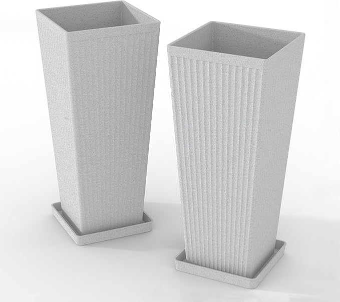 Tall Planters for Outdoor Plants Set of 2, 23.6" Large Taper Flower Plant Pots with Drainage Hole and Drainage Trays, Weather-Resistant Plastic planters for Patio, Porch, Garden, Grey