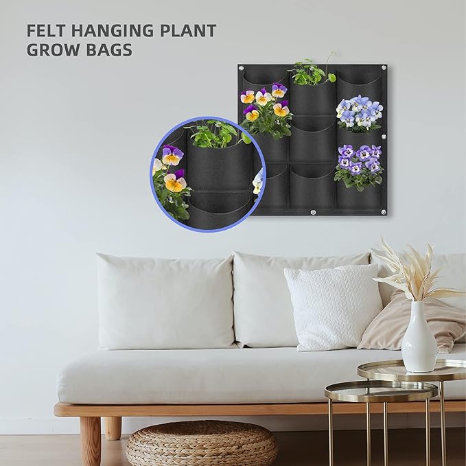 9 Pockets Hanging Planter Bags, Hanging Vertical Wall Mounted Plant Planting Grow Bags, Herb Garden Planter Outdoor Indoor Growing Bag, Gardening Vertical Greening Flower Container(0.5m×0.5m, Black)