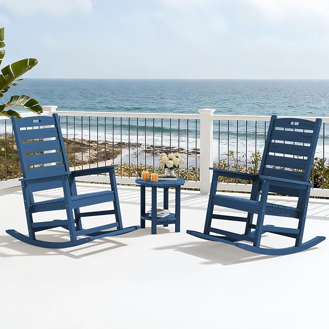 SERWALL Oversized Outdoor Rocking Chair, HDPE Patio Rocking Chair with Footrest for Adults, All Weather Porch Rocker for Deck Patio Balcony, Navy