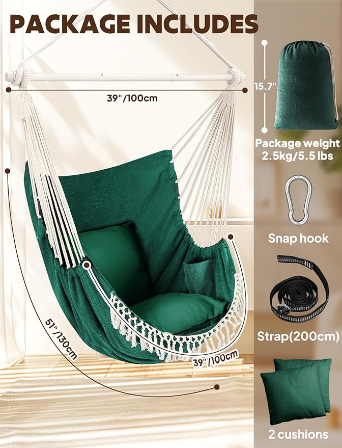 Chihee Hammock Chair Hanging Swing Max 500 Lbs 2 Cushions Included Metal Spreader Bar with Anti-Slip Grooves Portable Hanging Chair Side Pocket Large Macrame Bohemian Chair Indoor Outdoor