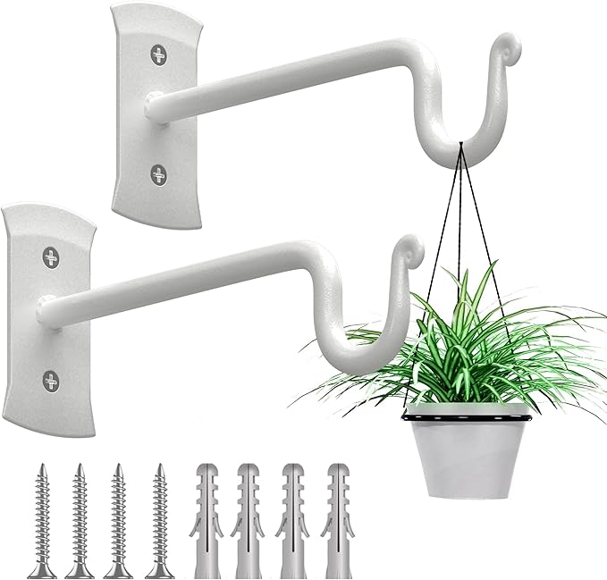 RTZEN Plant Hangers Indoor or Outdoor - Wrought Iron Metal Hanger Indoor Hook - Heavy Duty Wall Bracket Hooks for Hanging Plants Baskets Lanterns Wind Chimes - 2 Pack (White Shepherds Hooks 7.5")