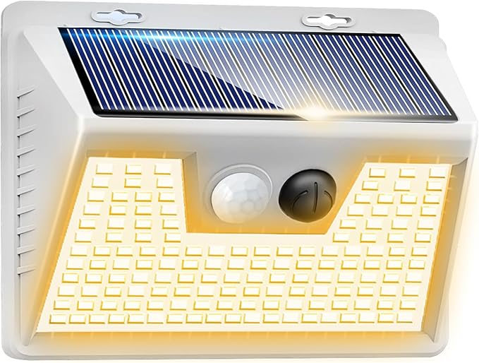 Peasur Solar Lights Outdoor Motion Sensor Waterproof, 1Pack 140LED White Solar Powered Fence Lights, 3 Modes Security Wall Lights for Garden Yard Outside Warm