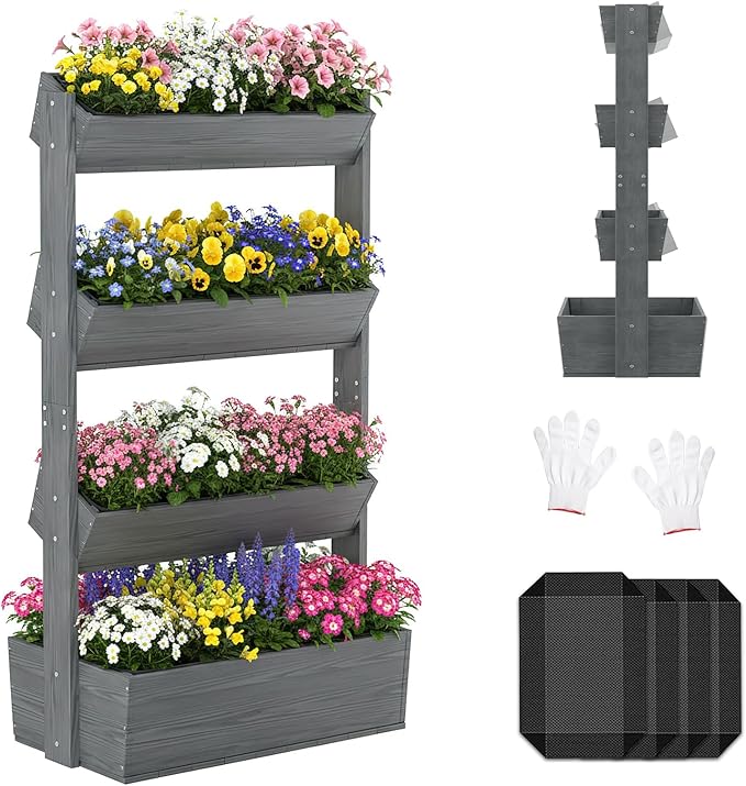 SUNYRISY 4 Tiers Vertical Raised Garden Bed Outdoor Planter Tower, Wooden Freestanding Planter Box for Planting Herbs Flowers Vegetables Patio Balcony Indoor Outdoor Gardening, Grey