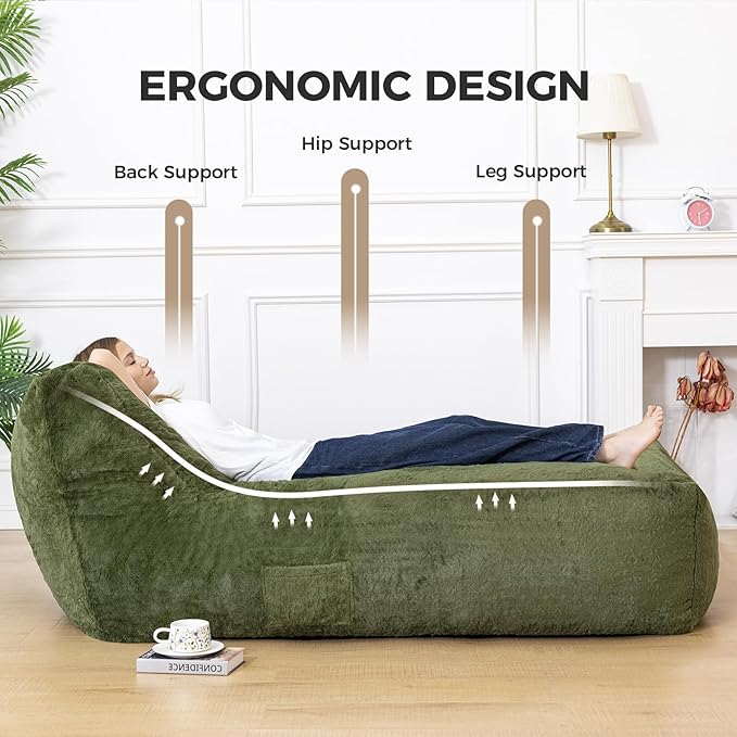 Giant Bean Bag Lounger Chair for Adults with Soft & Cozy Plush Fabric,Memory Foam Filled Beanbag Chair for Family Living Room,Bedroom and Game Room (Olive Green)