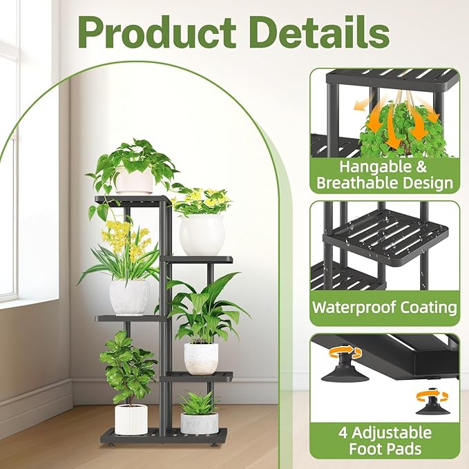 iDavosic.ly Plant Stand Indoor Outdoor, 4-Tier Tall Metal Flower Shelf for Heavy-Duty Large Planters, Corner Orchid Display Rack for Living Room Balcony Patio Porch, Space Saving, Modern Black