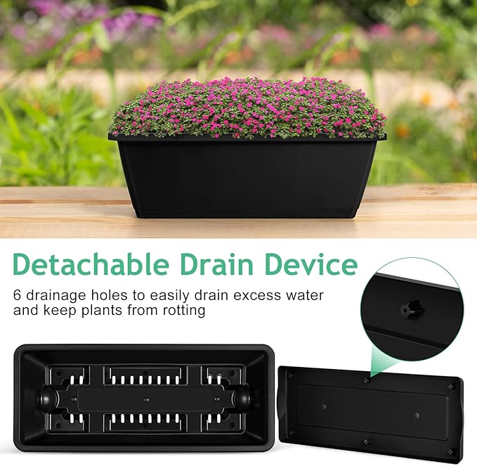 ETELI Railing Planter 6 Pack, 16.9 Inch Window Basket Deck Boxes Plastic Flower Rail Planters Holder with Adjustable Detachable Hooks for Outdoor Balcony Porch Patio, Black & White