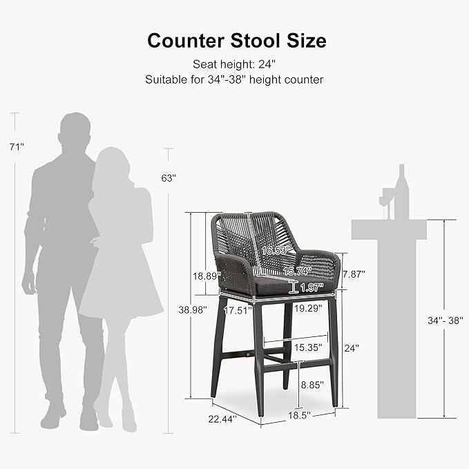 PURPLE LEAF Outdoor 24" Counter Height Bar Stools Chair Set of 2, All Weather Rattan and Aluminum Patio Bar Stool with Cushion for Indoor and Outdoor, Kitchen Island, Grey