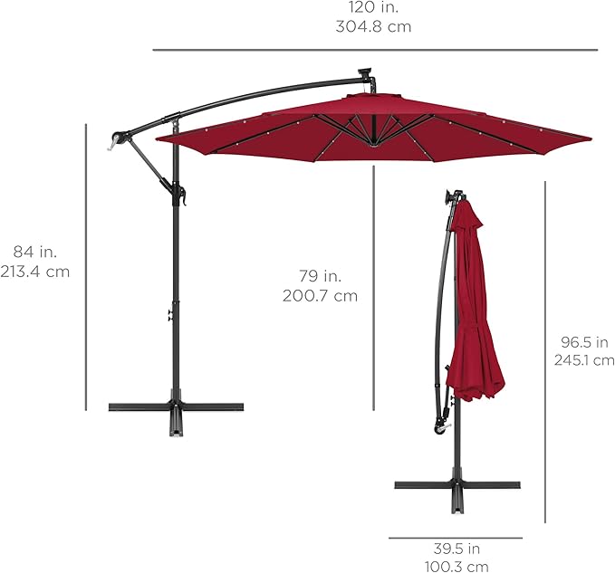Best Choice Products 10ft Solar LED Offset Cantilever Hanging Market Patio Umbrella, 8 Sturdy Ribs, Easy Adjustment - Burgundy