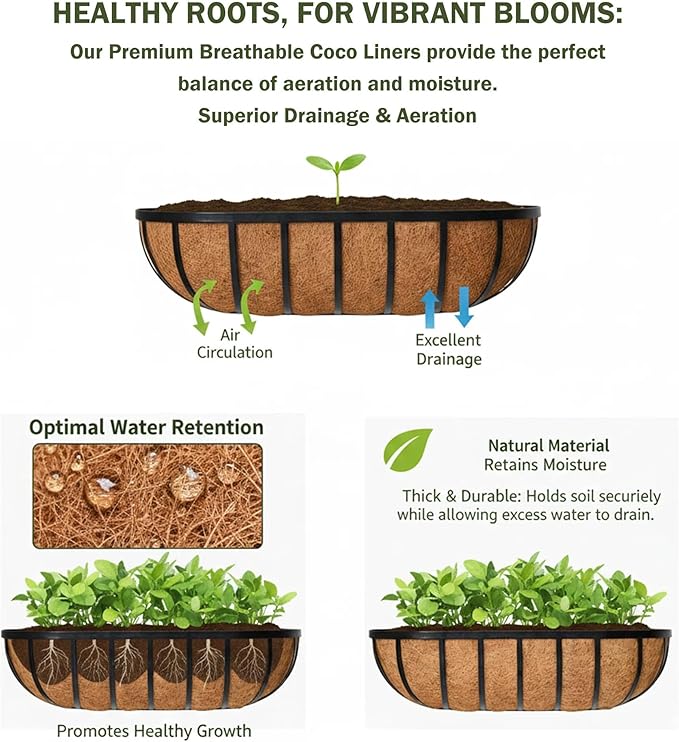 16“ Window Box Railing Planter with Coco Liner Metal Wall-Mounted Coconut Liner Planter Basket English Horse Trough Planters for Outdoor Deck Balcony Porch Fence Patio Black (2 Pack)