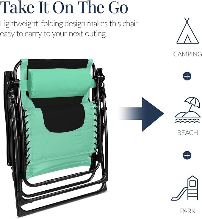 Best Choice Products Oversized Padded Zero Gravity Chair, Folding Outdoor Patio Recliner, XL Anti Gravity Lounger for Backyard w/Headrest, Cup Holder, Side Tray, Polyester Mesh - Green/Black