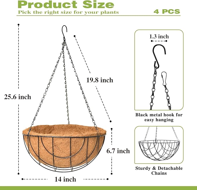 4 Pack 14 Inch Hanging Baskets for Plants Outdoor Metal Hanging Planter Hanging Flower Baskets with Coco Fiber Liners Chain Round Wire Plant Holder Hanging Flower Pots(Flower Border)