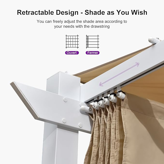 PURPLE LEAF 10' x 13' Outdoor Aluminum Pergola White Heavy-Duty Retractable Pergolas Patio Metal Pergola with Double Sun Shade Canopy and Light for Backyard Gardens Deck, Khaki