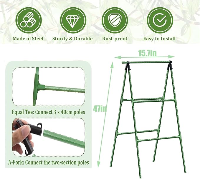 A-Frame Metal Garden Trellis Set for Raised Bed for Climbing Plants Outdoor-Detachable Cucumber Climbing Trellis with Net Clips-Garden for Cucumber Flowers Vegetables