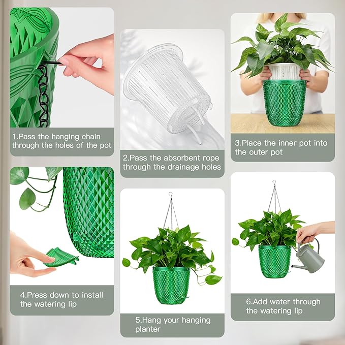 QCQHDU Self Watering Hanging Pots, 2 Pack 5.7 Inch Hanging Planters for Plants Indoor, Outdoor Flower Pots with Drainage Holes and 3 Hooks Chains for Garden Home (Emerald)