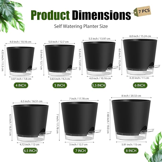 Plant Pots 4/5/5.5/6/6.5/7/8 Inch Self Watering Pots, 7 Pack Plastic Planters with Drainage Holes and Clear Saucers,Plastic Flower Pots,Nursery Planting Pot for Indoor Out Door Plants(Black)