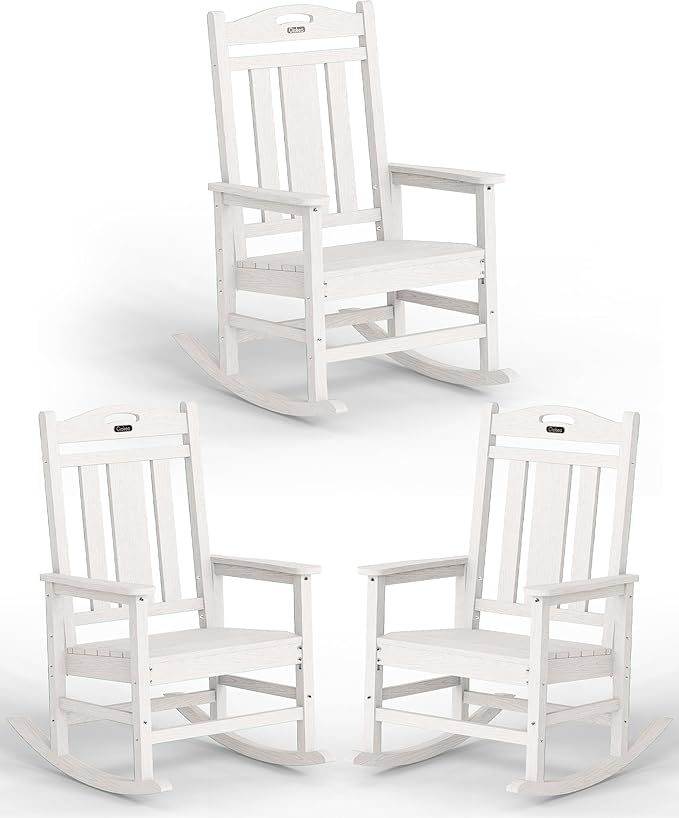 Ciokea Oversized Outdoor Rocking Chairs Set of 3, 380lbs Heavy-Duty Large Patio Rocker, High Back Cozy Porch Chairs, Weather Resistant Patio Rocking Chairs for Outside, Fire Pit, Deck, White