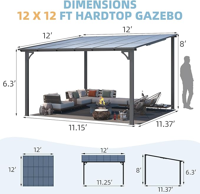 AECOJOY 12' x 12' Gazebo Outdoor Pergola for Patio, Large Wall-Mounted Hard Top Lean to Metal Gazebo Shelter Pergolas and Gazebos Clearance with Patio Roof, Heavy Duty Awnings for Backyard, Decks
