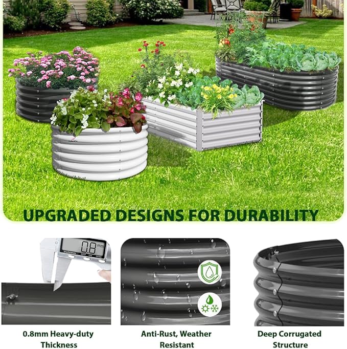 A ANLEOLIFE 12X3X1.5 ft Galvanized Raised Garden Beds Outdoor, Oval Extra Large Metal Planter Box for Planting Vegetables Flowers Herb, Anti-Rust & Easy-Setup, Quartz Grey