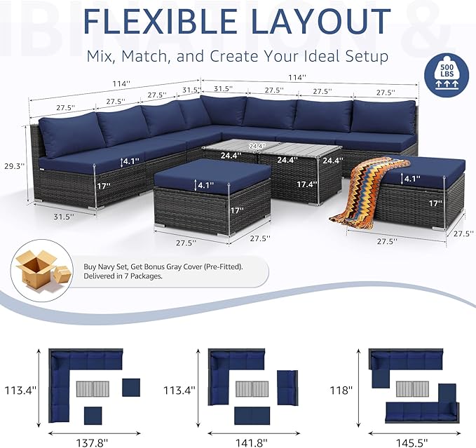 NICESOUL 11 Piece High-End Outdoor Furniture Set, 29.3'' High Back XL Big Size Wicker Patio Sectional, Wide Deep Comfy Conversation Sofas for Garden Deck Backyard Porch, 2 Color Cushion Navy & Grey