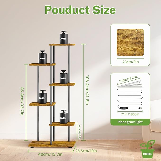 iDavosic.ly 5 Tier Plant Stand Indoor with Light, Tiered Corner Metal Wood Multiple Flower Holder Shelf, 42 Inch Tall Orchid Display Grow Rack for Living Room Bedroom, Modern Black & Rustic Brown
