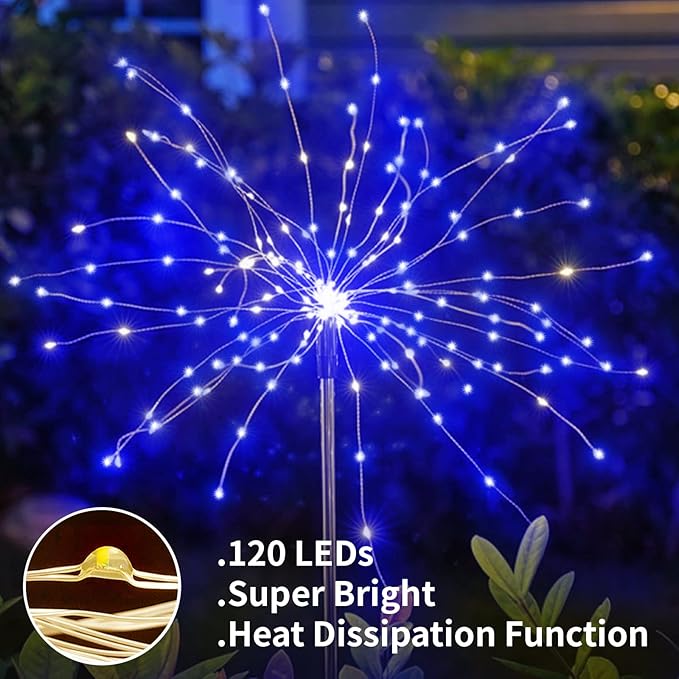 YOTOZU 2 PCS Solar Firework Light, Outdoor Solar Garden Decorative Lights 120 LED Powered 40 Copper Wires String DIY Landscape Light for Walkway Pathway Backyard Christmas Decoration Parties (Blue)