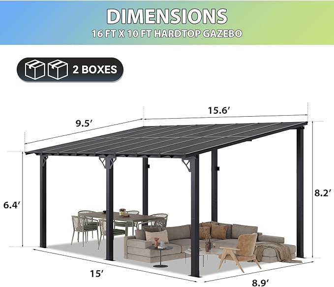 Aoxun 16'x 10' Premium Gazebo with Aluminum Top Frame & Polycarbonate Panel, Wall Mounted Gazebos Pergola, Outdoor Patio Lean to Gazebo, Awnings with Sloped Roof, for Backyard, Porch, Deck