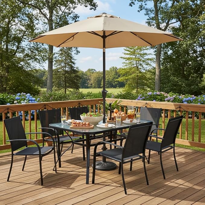 Tangkula 55" Patio Dining Table for 6, Rectangle Outdoor Dining Table with Tempered Glass Tabletop, Umbrella Hole & Metal Frame, 6-Person Outside Dining Table for Backyard, Lawn, Deck & Poolside