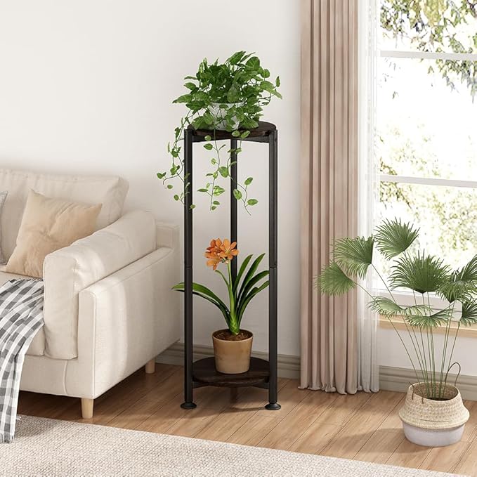 Plant Stand Indoor Outdoor 2 Tier Tall Metal Corner Storage Tiered Plant Shelf Holder Multiple for Living Room Balcony Garden,Black (2 Tier-Black Oak Round)