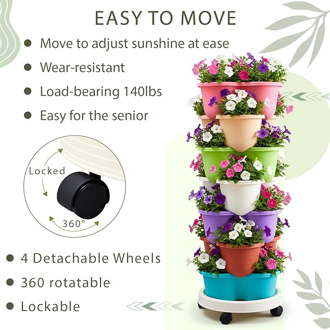 Umigy 2 Set Multicolor 7 Tier Stackable Vertical Planters with Removable Wheels and Tools Tower Planters Strawberry Herb Flower Vegetable Pots Indoor Outdoor Gardening Pots